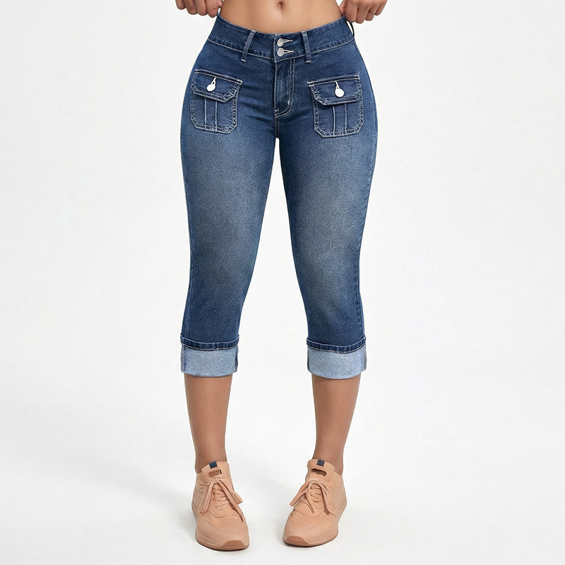 Women's Breathable Cotton Denim Capri Pants - Blue