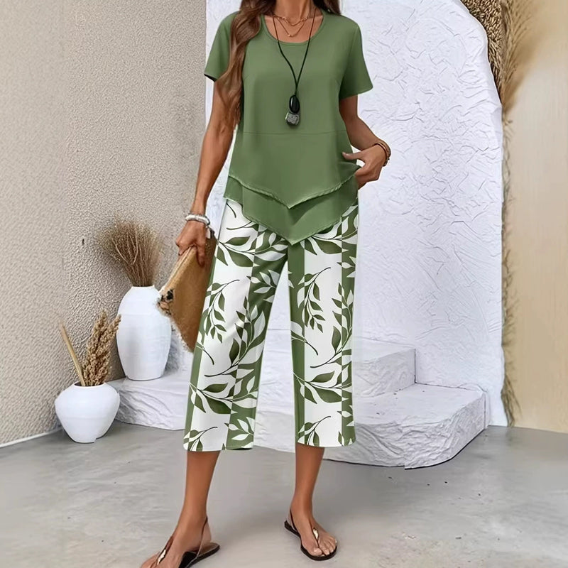 Women's Breathable Two Piece Capri Pants Set - Green