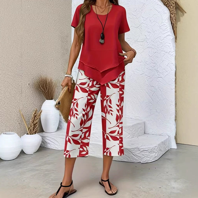 Women's Breathable Two Piece Capri Pants Set - Red