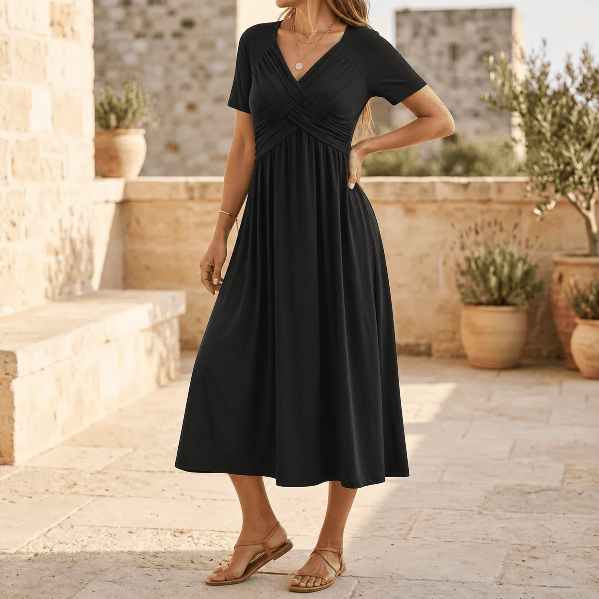 Women's Summer Crossover V-Neck Knit Midi Dress - Black