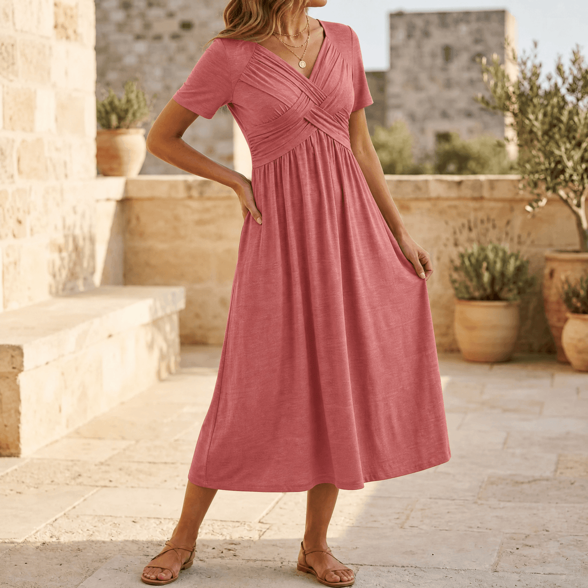 Women's Summer Crossover V-Neck Knit Midi Dress - Dusty Pink