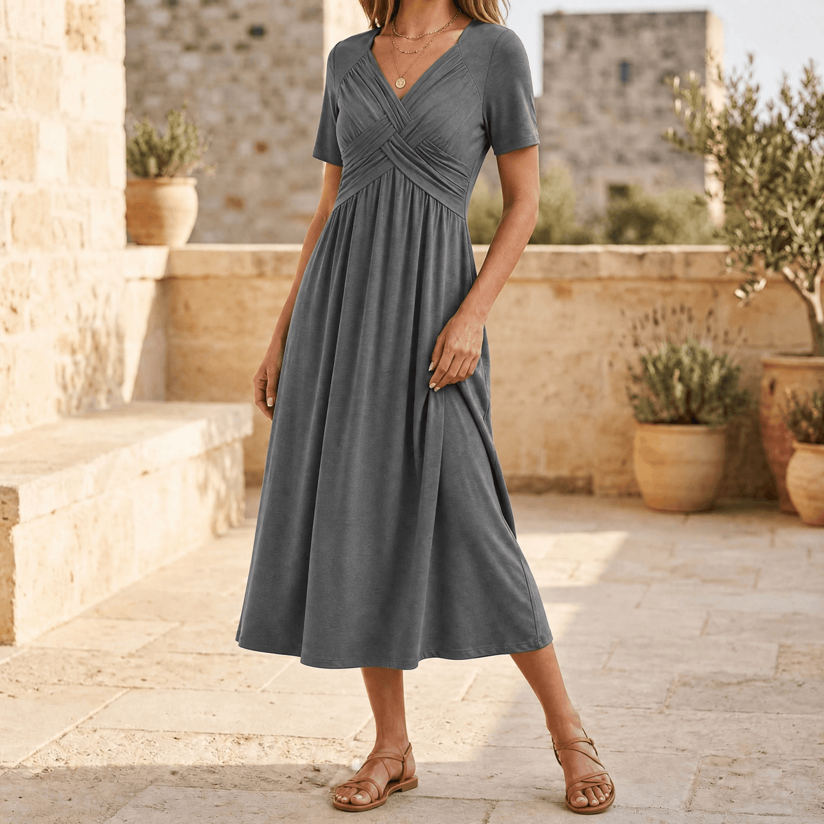 Women's Summer Crossover V-Neck Knit Midi Dress - Heather Grey