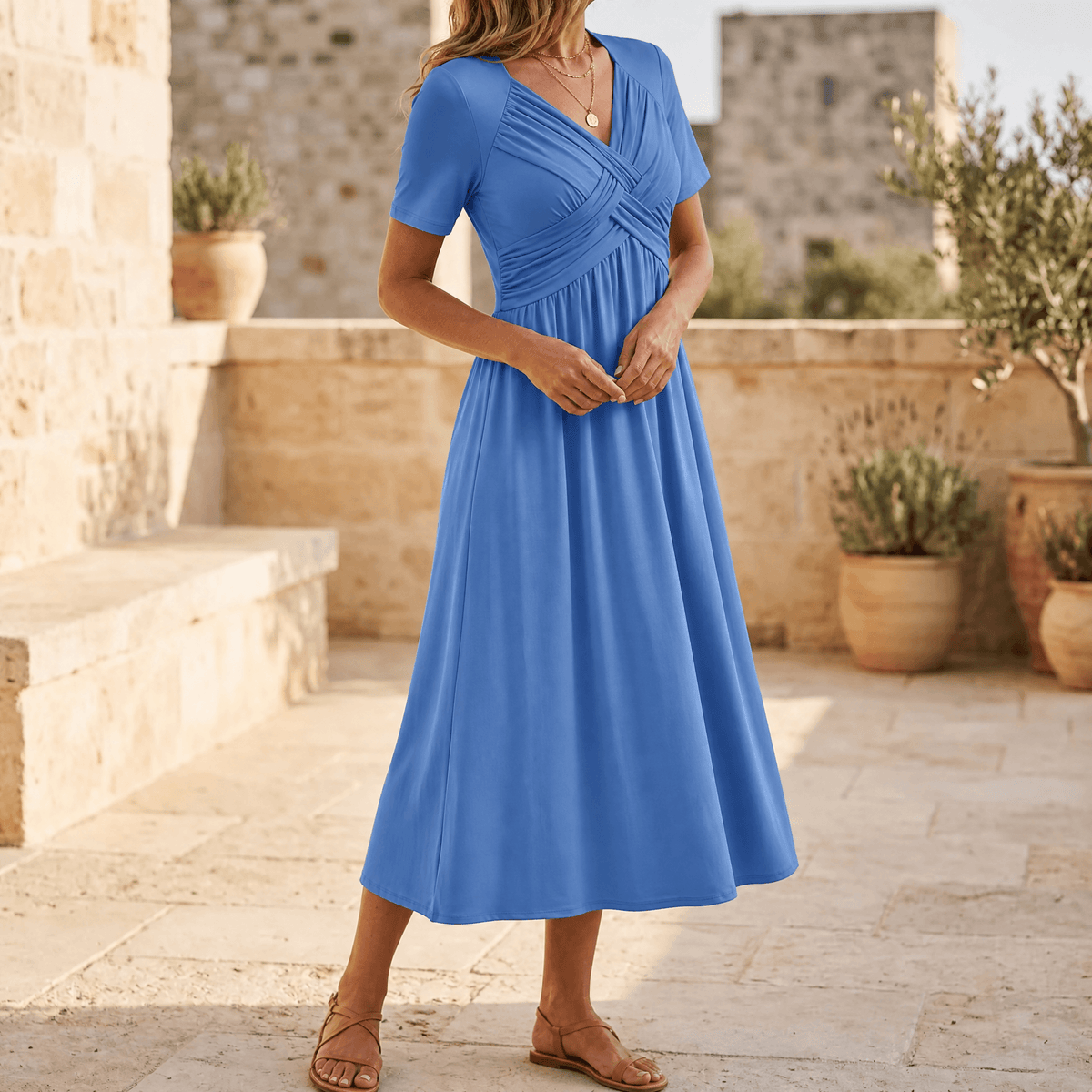 Women's Summer Crossover V-Neck Knit Midi Dress - Powder Blue