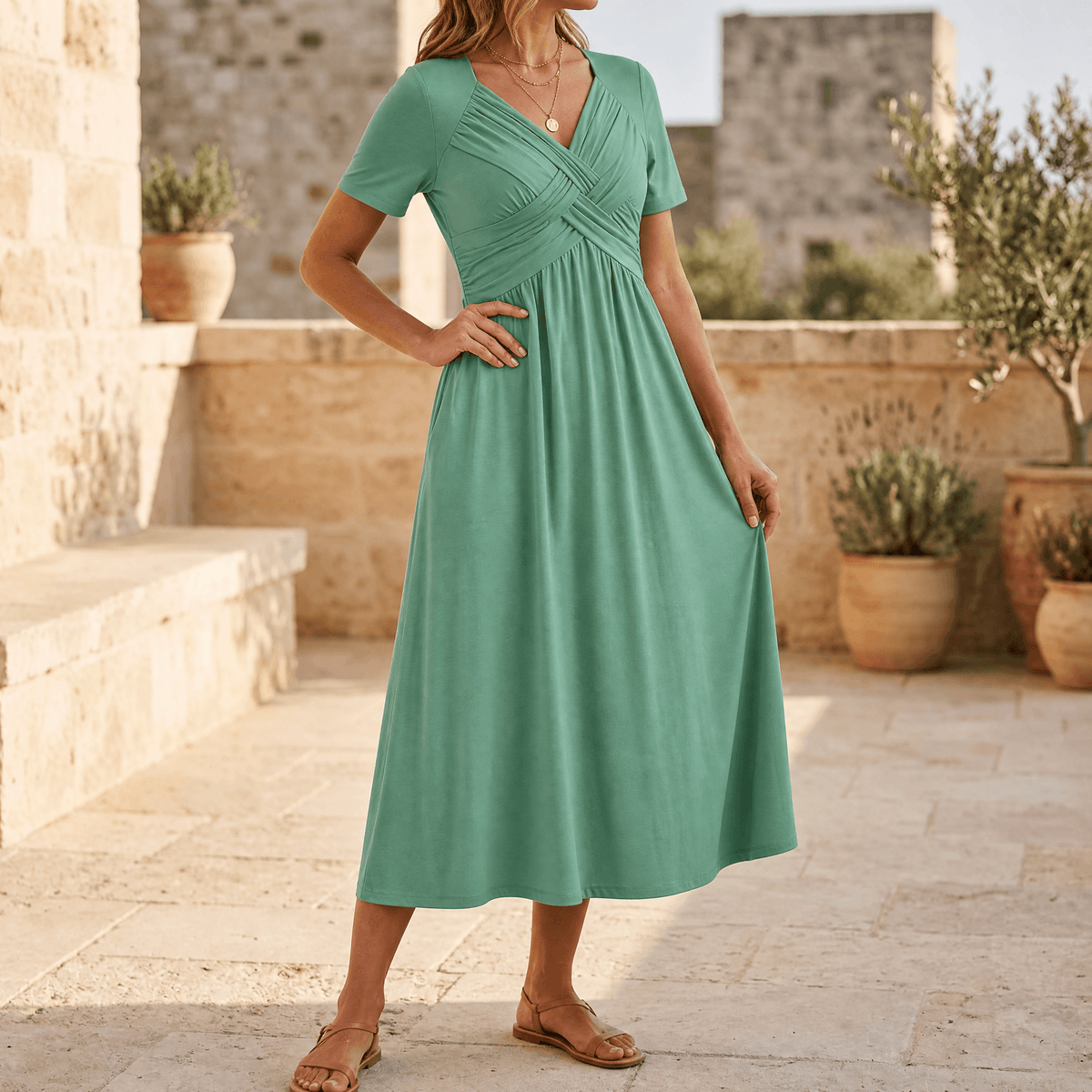 Women's Summer Crossover V-Neck Knit Midi Dress - Sage Green