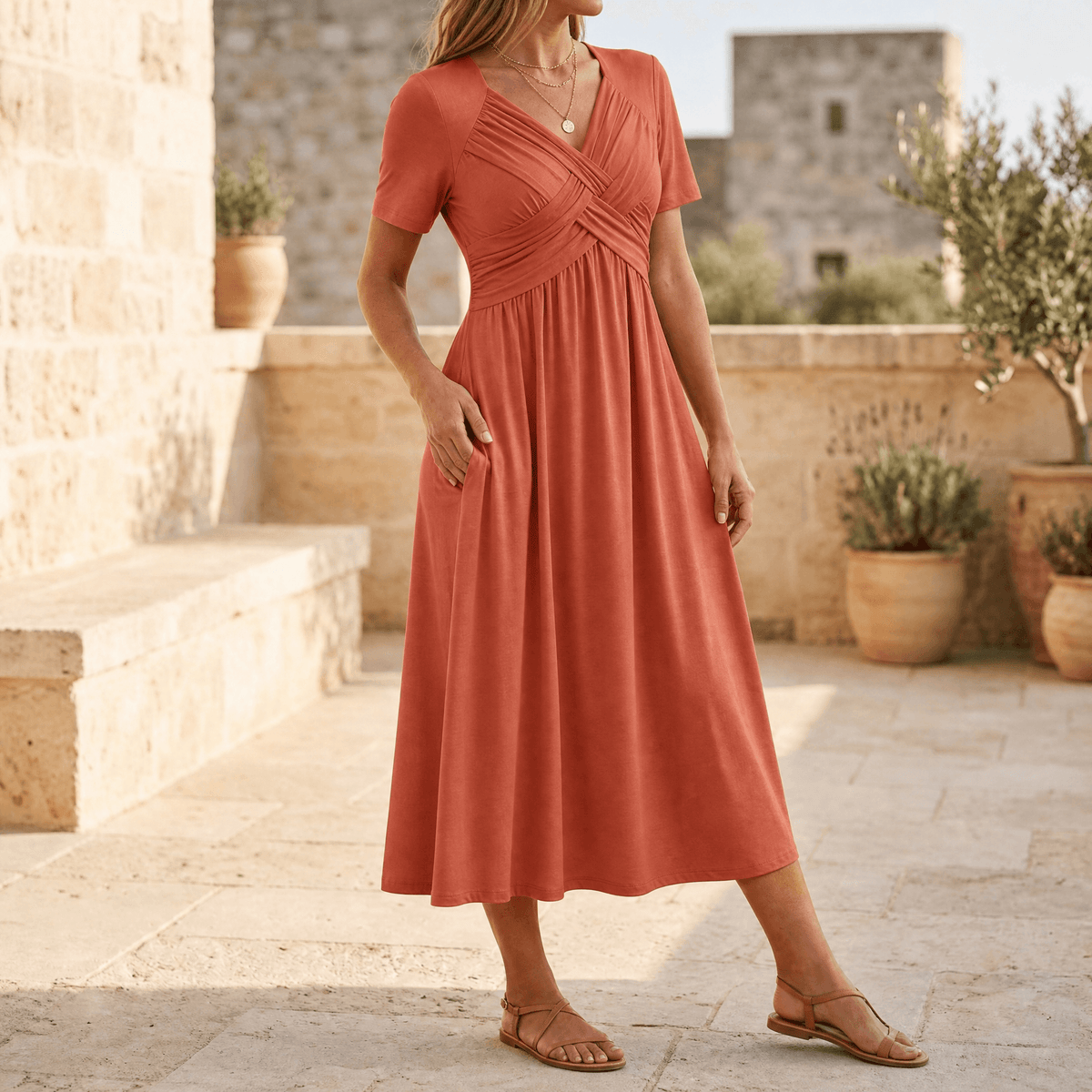 Women's Summer Crossover V-Neck Knit Midi Dress - Terracotta