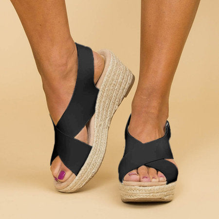 Women's Strappy Breathable Espadrille Wedge Heel Sandals - Black